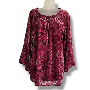Wild Majesty Velvet Top Size L Pink Brown Floral Bell Sleeve Valentine's Day